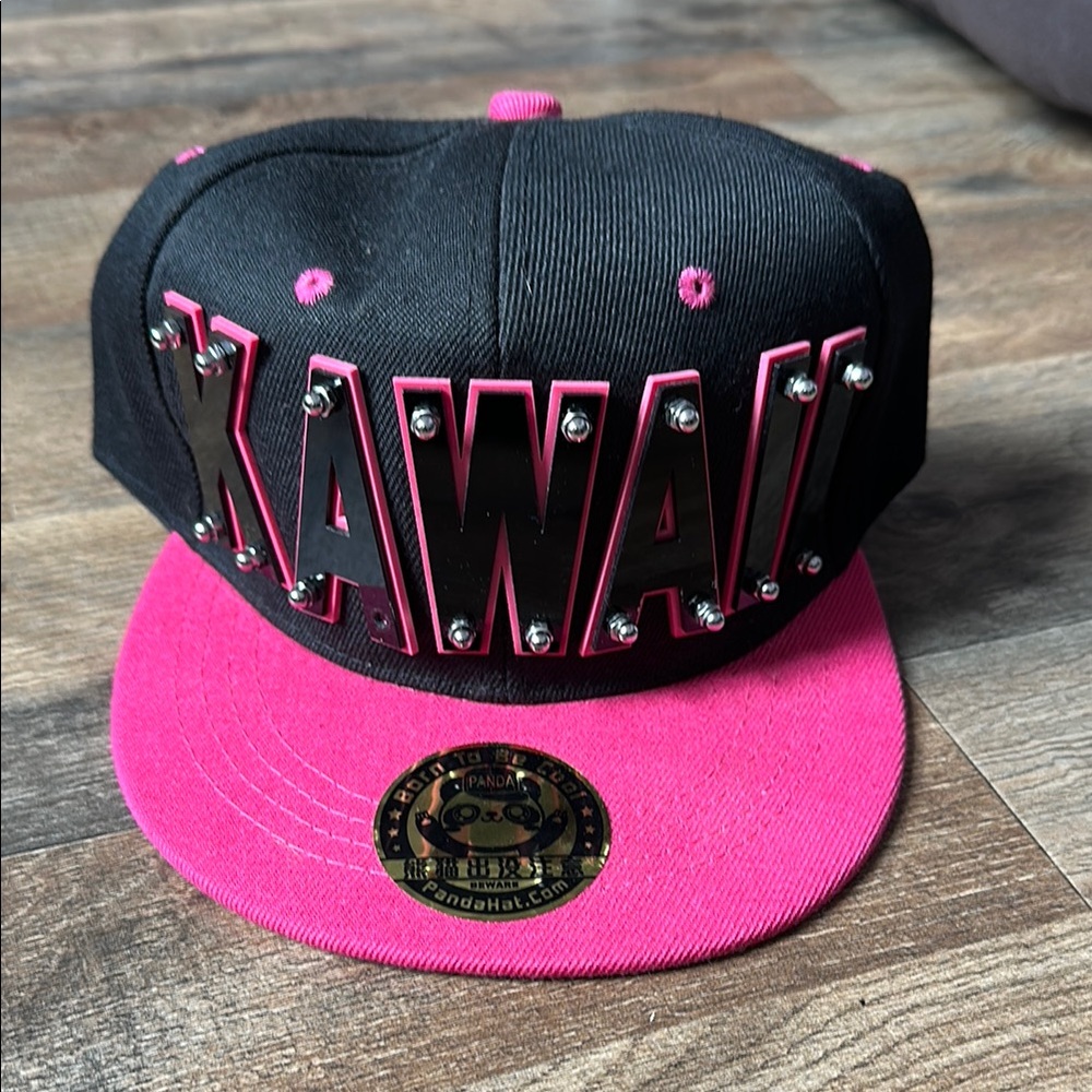 Black & Hot Pink “KAWAII” Studded Snapback – PandaHat Brand